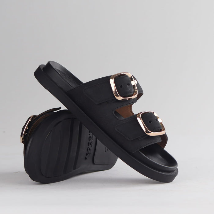 Froggie Shoes Shoes Froggie Women's Double Buckle Slide- Black Nubuk - 12681
