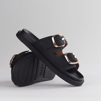 Froggie Shoes Shoes Froggie Women's Double Buckle Slide- Black Nubuk - 12681