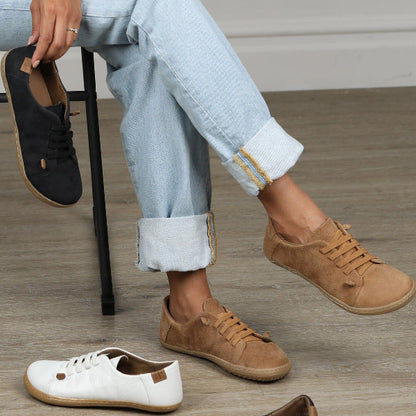 Froggie Women's Lace-up Barefoot Shoe with Removable Footbed in Tobacco - 12828 - close up.
