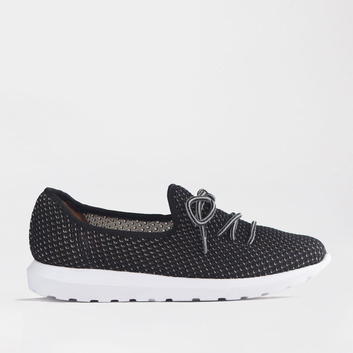 Factory Shop  Froggie Women’s Featherlight Sneaker- Black Woven Fabric- 13046 - side.