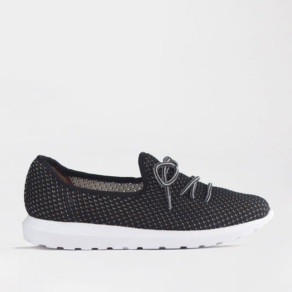 Factory Shop  Froggie Women’s Featherlight Sneaker- Black Woven Fabric- 13046 - side.