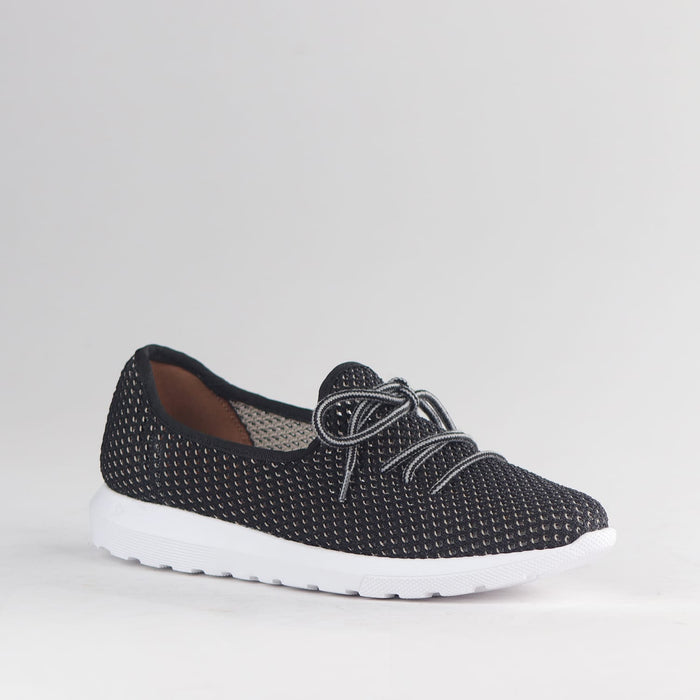 Factory Shop Shoes Froggie Women’s Featherlight Sneaker- Black Woven Fabric- 13046 - side angle.