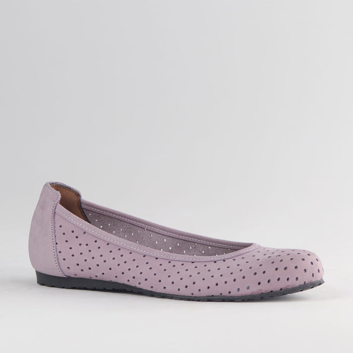 Froggie Women's Flat Punched Pump - Lilac nubuck Leather - 13094 - side angle.