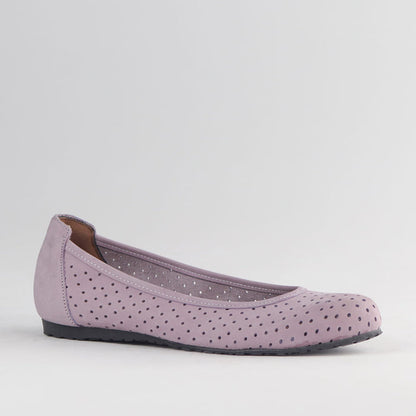 Froggie Women's Flat Punched Pump - Lilac nubuck Leather - 13094 - side angle.