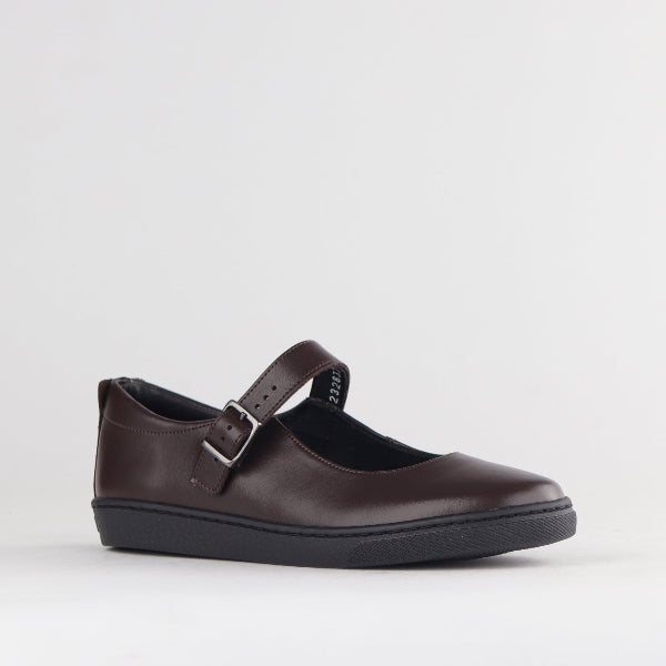 Froggie Girls School Shoe with Buckle in Brown - 11441 - side angle.