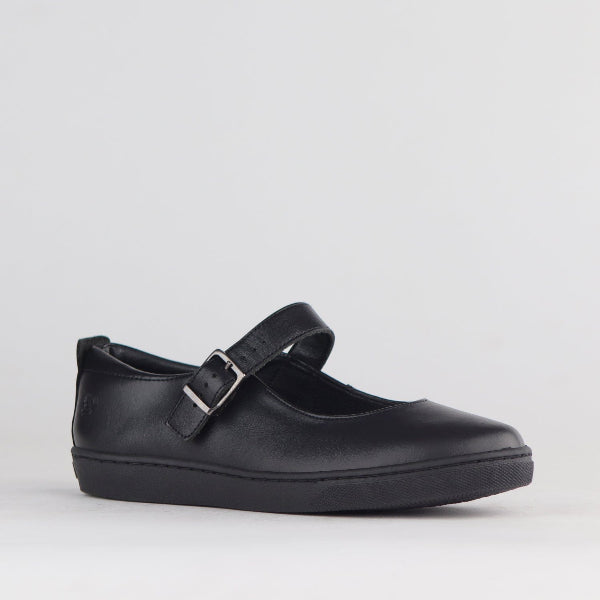 Froggie Girls School Shoe with Buckle in Black  - 11441 - side angle.