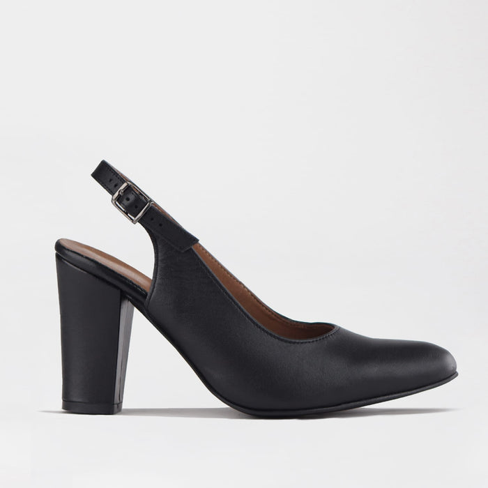 Froggie Shoes Shoes Froggie Women's Block Heel Sling Back Pointed Toe Court Shoe- Black Leather- 12790