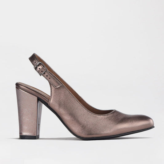 Froggie Shoes Shoes Froggie Women's Block Heel Sling Back Pointed Toe Court Shoe- Lead Metallic- 12790