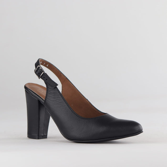 Froggie Shoes Shoes Froggie Women's Block Heel Sling Back Pointed Toe Court Shoe- Black Leather- 12790