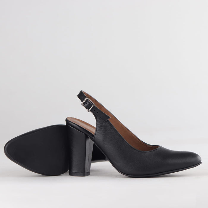 Froggie Shoes Shoes Froggie Women's Block Heel Sling Back Pointed Toe Court Shoe- Black Leather- 12790