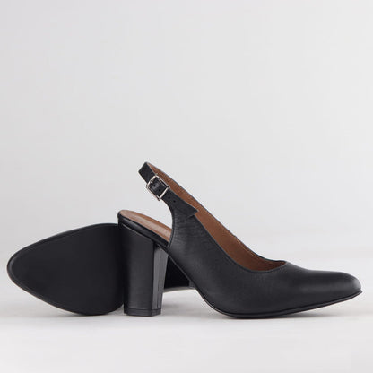 Froggie Shoes Shoes Froggie Women's Block Heel Sling Back Pointed Toe Court Shoe- Black Leather- 12790