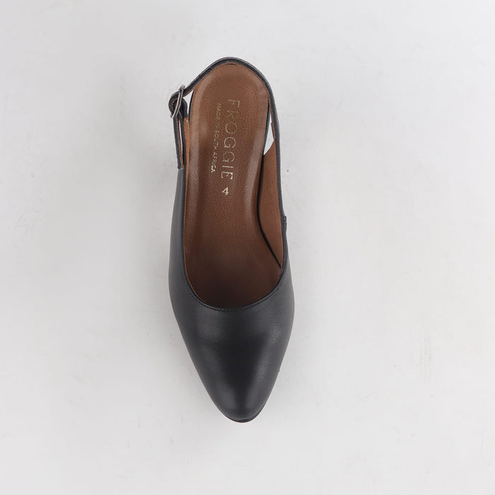 Froggie Shoes Shoes Froggie Women's Block Heel Sling Back Pointed Toe Court Shoe- Black Leather- 12790