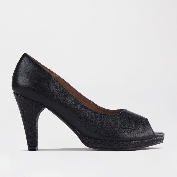 Froggie High Heel Peep Toe Court Shoe in Black - 12753 - single side.