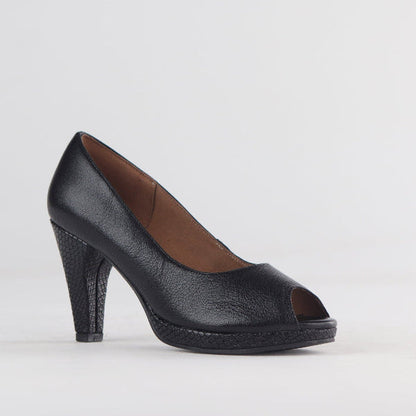 Froggie High Heel Peep Toe Court Shoe in Black - 12753 - side angle.