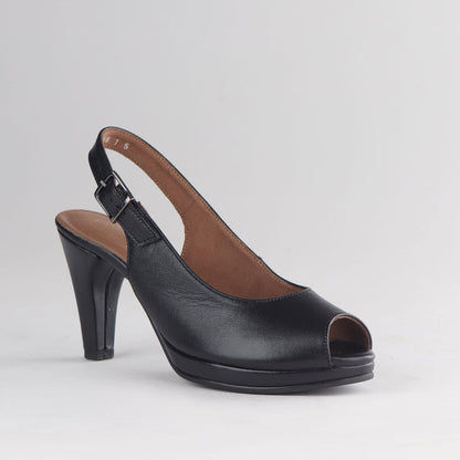 Froggie Women's High Heel Peep Toe Slingback Black Leather - 13093 - side angle.