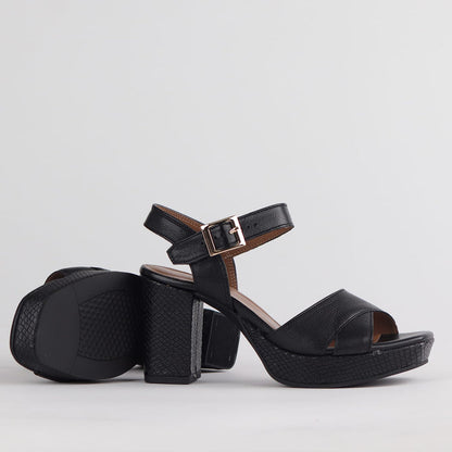 Froggie Shoes Sandals Froggie Women's High Heel Platform Sandal- Black Leather - 12676