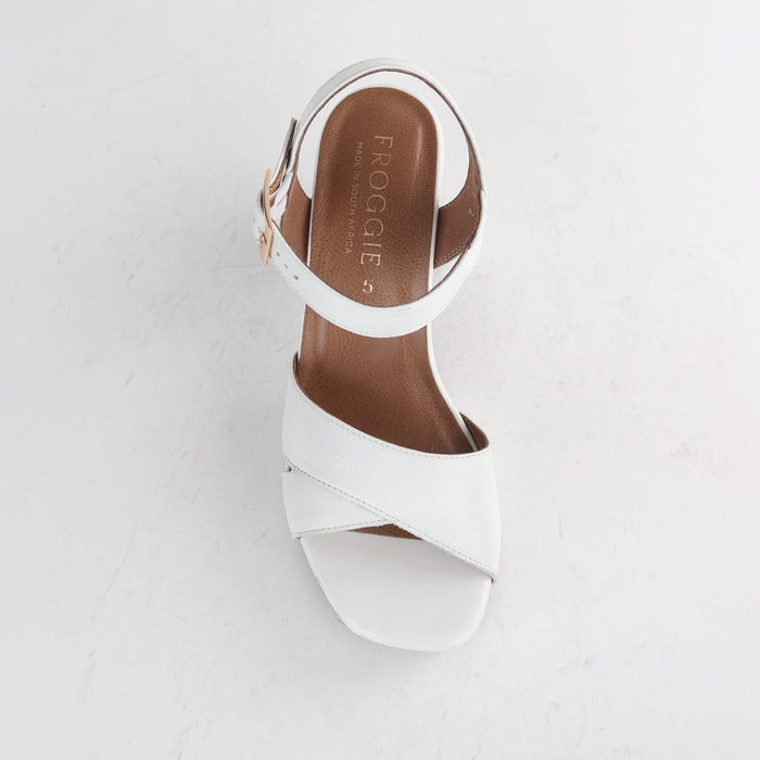 Froggie Women's High Heel Platform Sandal- White Leather - 12676 - top angle.