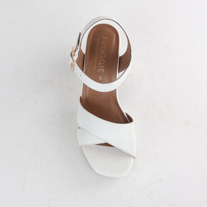 Froggie Women's High Heel Platform Sandal- White Leather - 12676 - top angle.