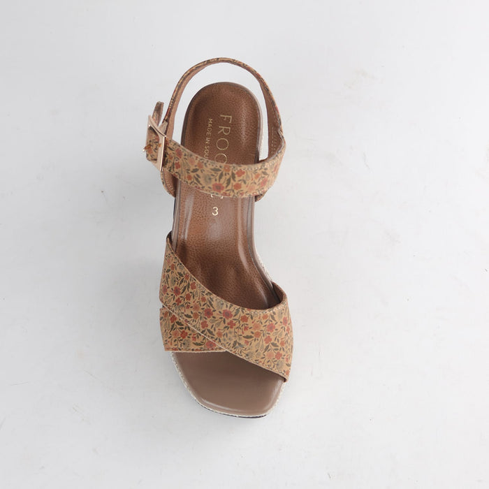 Froggie Shoes 12676 women’s high heel platform sandal in floral leather with soft footbed, elevated sole and chic summer outfit appeal.