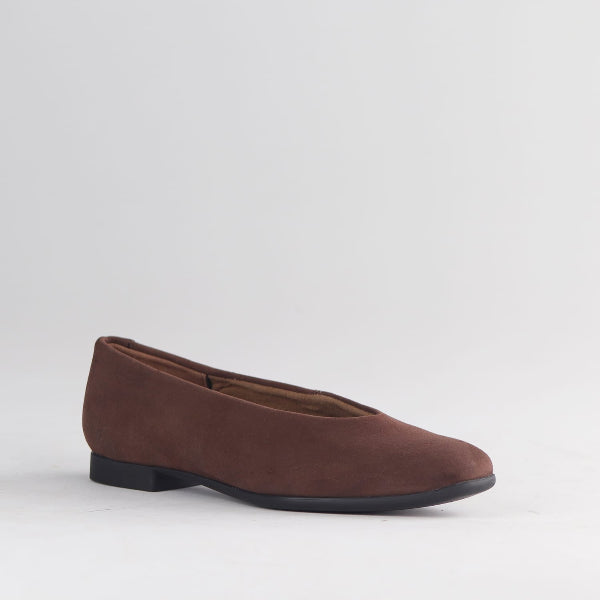 Froggie Shoes Women's Flat Pump-Brown Suede - 13004 - side angle