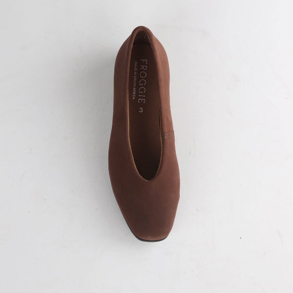 Froggie Shoes Women's Flat Pump-Brown Suede - 13004 - top angle