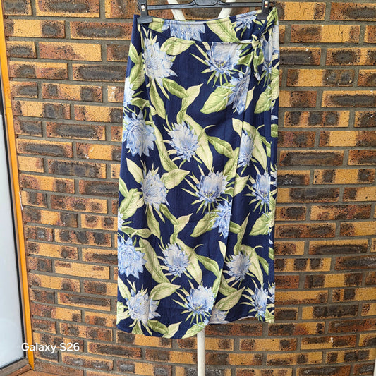 Jupe Maxi Portefeuille Vintage 100% Soie Tropicale Bleu Marine – Style Luxe Été Femme Taille M