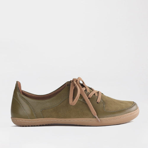 Froggie Shoes Shoes Froggie Women's Lace-up Barefoot Shoe-Removable Footbed -Olive Leather and Suede - 12829
