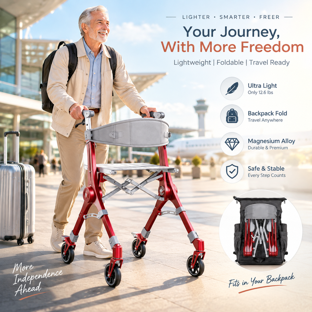 Ultra‑Light Foldable Rollator Walker for Seniors & Adults, Dual X‑Shape Heavy‑Duty Frame, Supports 330 Lbs, Comes with Travel Carry Bag