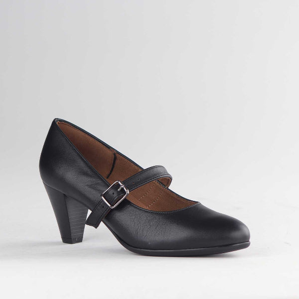 Froggie Women's Mary Jane Court Shoe- Black Leather- 12733 - side angle