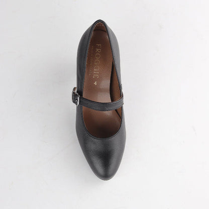 Froggie Women's Mary Jane Court Shoe- Black Leather- 12733 - top angle