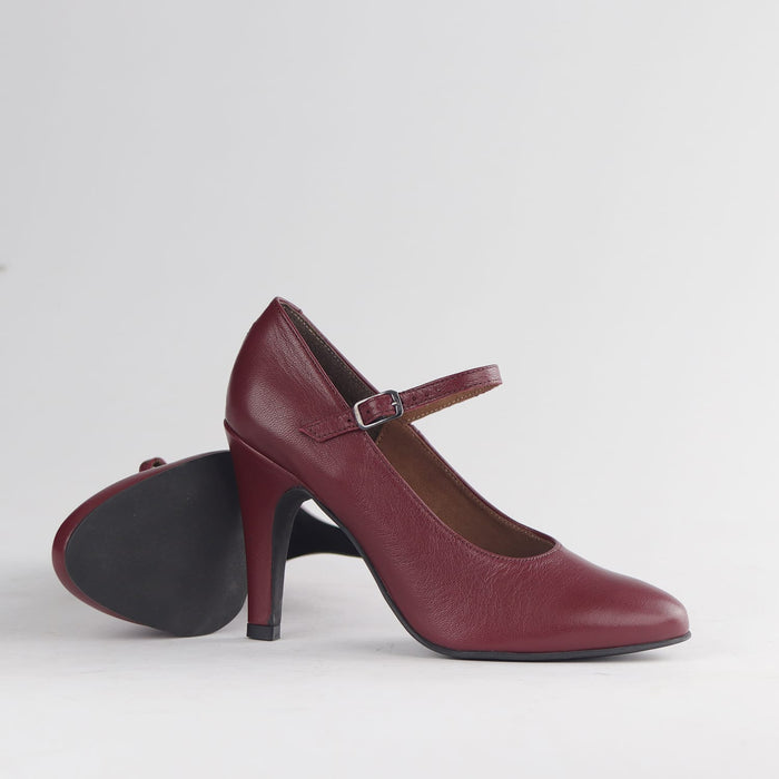 Women’s Froggie Mary-Jane Stiletto Court Shoe 12830 in burgundy leather featuring sleek silhouette ankle strap and sophisticated dress look.