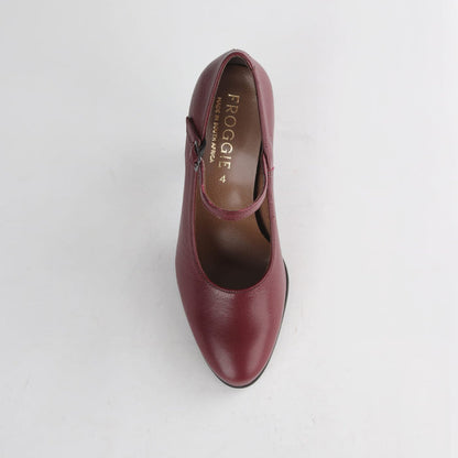 Froggie Shoes 12830 women’s court shoes in burgundy leather with Mary-Jane strap, high stiletto heel and elegant evening wear design.