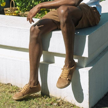 Froggie Elastic Lace barefoot sneaker with Removable Footbed in Tobacco - 12749 - close up.