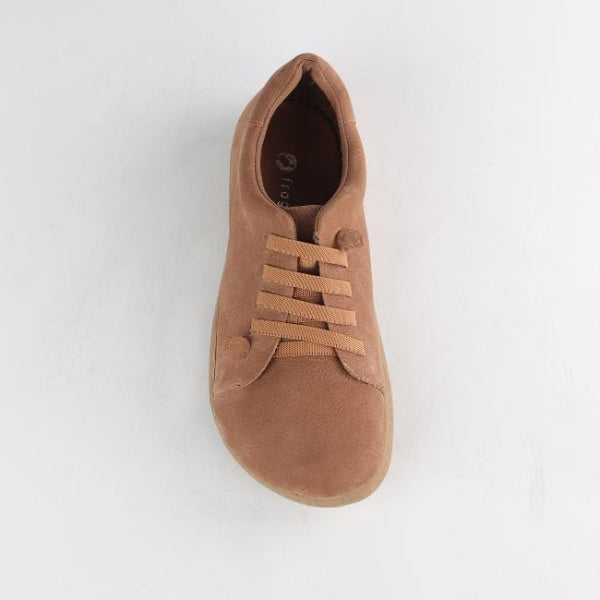 Froggie Elastic Lace barefoot sneaker with Removable Footbed in Tobacco - 12749 - top angle.