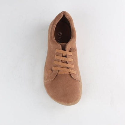 Froggie Elastic Lace barefoot sneaker with Removable Footbed in Tobacco - 12749 - top angle.