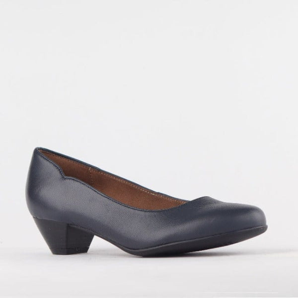 Factory Shop Mid-Heel Court Shoe in Navy - 12635 - side angle.