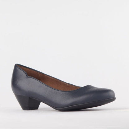 Factory Shop Mid-Heel Court Shoe in Navy - 12635 - side angle.