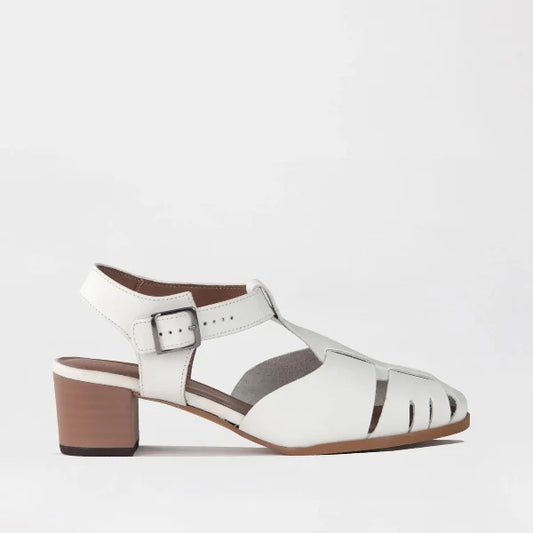 Women’s white leather fisherman sandal with mid heel and closed toe by Froggie Shoes, featuring cut-out straps and cushioned sole