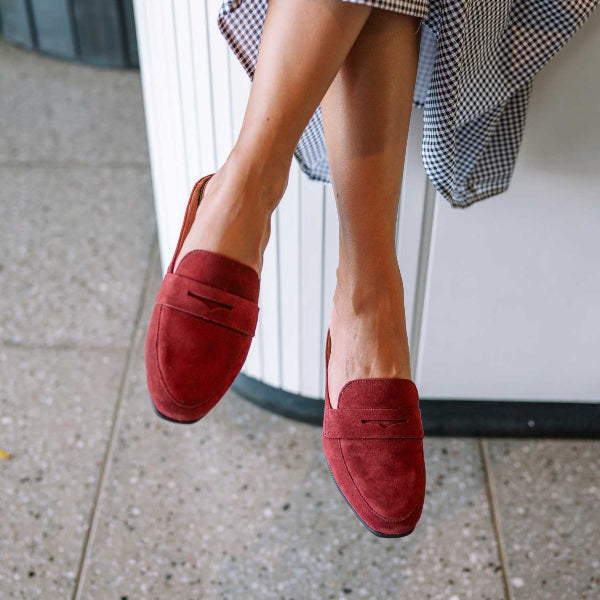 Froggie Women's Open back Loafer- Burgundy Suede - 12974 - model picture