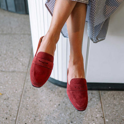 Froggie Women's Open back Loafer- Burgundy Suede - 12974 - model picture