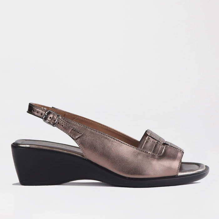 Factory Shop Shoes  Froggie Women's Peep Toe Slingback Sandal- Lead Metallic Leather - 12931 - side.