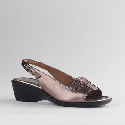 Factory Shop Shoes Froggie Women's Peep Toe Slingback Sandal- Lead Metallic Leather - 12931 - side angle.