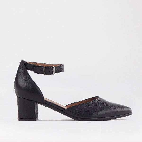 Froggie Pointed Block Heel with Ankle Strap in Black - 12627 - single side.