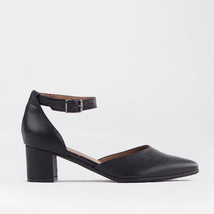 Froggie Pointed Block Heel with Ankle Strap in Black - 12627 - single side.