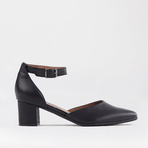 Froggie Pointed Block Heel with Ankle Strap in Black - 12627 - single side.