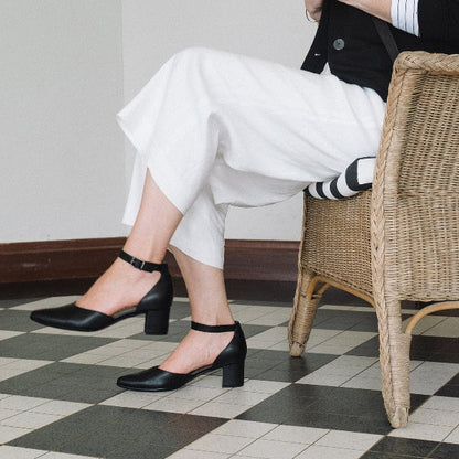 Froggie Pointed Block Heel with Ankle Strap in Black - 12627 - close up.