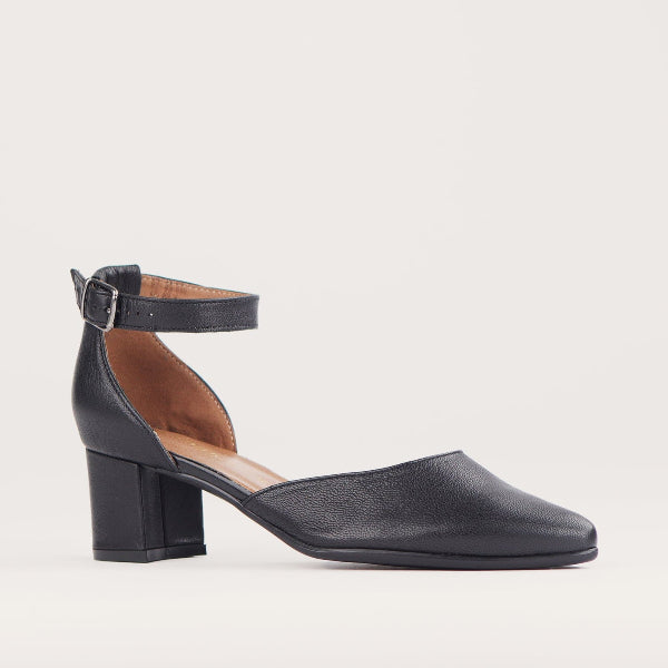 Froggie Pointed Block Heel with Ankle Strap in Black - 12627 - side angle.