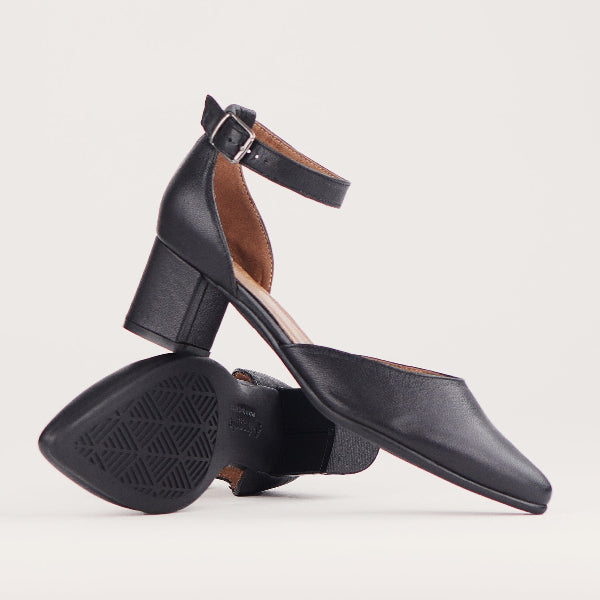 Froggie Pointed Block Heel with Ankle Strap in Black - 12627 - pair.