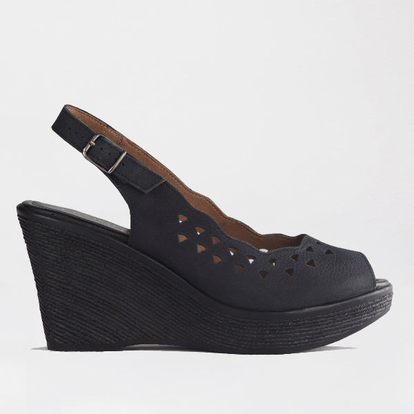 Froggie Women's Punched Slingback Wedge Sandal - Black Leather- 12934 - side