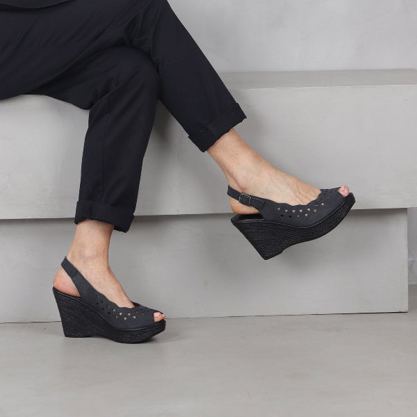 Froggie Women's Punched Slingback Wedge Sandal - Black Leather- 12934 - model picture